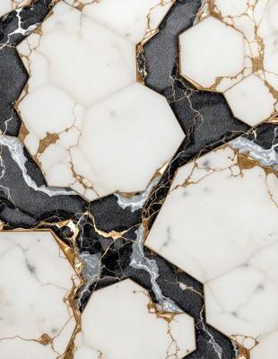 The primary subject of the image is a marble tile with a gold pattern. The setting is a white marble surface, and the visual style is a close-up of the tile. The dominant colors are white and gold, creating a luxurious and elegant atmosphere.