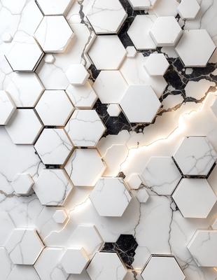 The primary subject of the image is a white marble wall with a pattern of hexagons. The setting is a room with a black and white marble floor. The visual style is a close-up of the marble wall, showcasing the intricate pattern of hexagons. The colors and mood of the image are predominantly black and white, giving it a classic and elegant appearance.