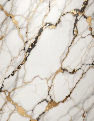 The primary subject of the image is a marble surface with gold accents. The setting is a white marble wall, and the visual style is a close-up of the marble surface. The colors and mood of the image are predominantly white and gold, creating a luxurious and elegant atmosphere.