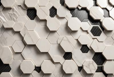 The primary subject of the image is a white marble wall with a pattern of hexagonal shapes. The setting is a room with a black countertop visible in the background. The visual style is a close-up of the marble wall, showcasing the intricate pattern of the hexagons. The colors and mood of the image are predominantly white, giving it a clean and elegant appearance.