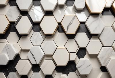 The primary subject of the image is a wall with a pattern of hexagonal tiles. The setting is a room with a black and white color scheme. The visual style is a close-up of the wall, showcasing the intricate pattern of the tiles. The colors and mood of the image are predominantly black and white, giving it a classic and elegant appearance.