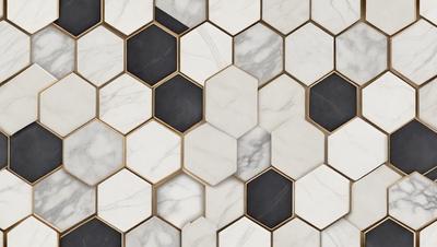 The primary subject of the image is a marble tile wall with a black and white pattern. The setting is a bathroom, and the visual style is a photo. The dominant colors are black and white, creating a classic and elegant atmosphere.