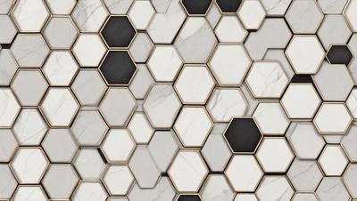 The primary subject of the image is a white and black marble tile wall. The setting is a bathroom, as indicated by the presence of a marble tile pattern. The visual style is a close-up of the tile pattern, showcasing the intricate design of the marble tiles. The colors and mood of the image are predominantly white and black, giving it a clean and elegant appearance.