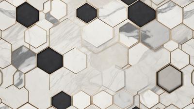 The primary subject of the image is a marble tile wall with a pattern of black and white hexagons. The setting is a bathroom, and the visual style is a close-up of the tile wall. The dominant colors are black and white, creating a clean and elegant atmosphere.