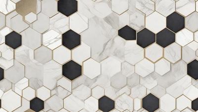 The primary subject of the image is a patterned wall made of marble. The setting is a room with a white marble wall, and the visual style is a close-up of the wall. The colors and mood of the image are predominantly white and black, giving it a clean and modern appearance.