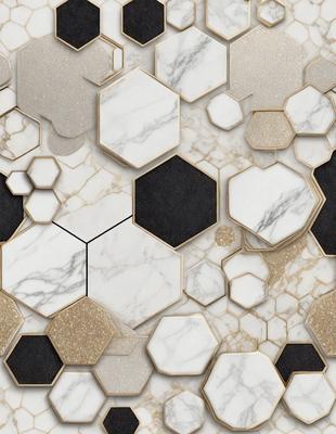 The primary subject of the image is a marble wall with a pattern of hexagons. The setting is a room with a white marble surface, and the visual style is a combination of photo and digital art. The dominant colors are white and black, creating a clean and modern atmosphere.
