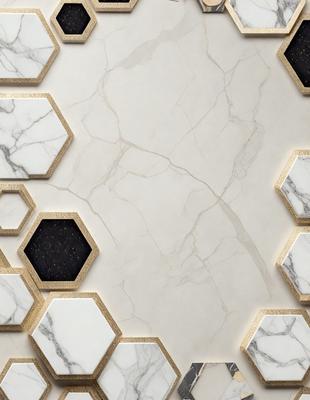 The primary subject of the image is a marble wall with a pattern of hexagons. The setting is a room with a white marble surface, and the visual style is a close-up of the marble wall. The dominant colors are white and gold, giving the wall a luxurious and elegant appearance.