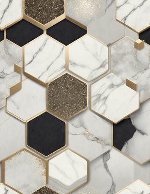 The primary subject of the image is a marble tile pattern with gold accents. The setting is a white marble wall, and the visual style is a combination of photo and digital art. The dominant colors are white and gold, creating a luxurious and elegant atmosphere.