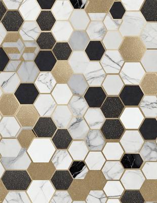 The primary subject of the image is a marble wall with a pattern of black and gold hexagons. The setting is a room with a black and white marble floor. The visual style is a close-up of the marble wall, showcasing the intricate pattern. The dominant colors are black, gold, and white, creating a sophisticated and elegant atmosphere.
