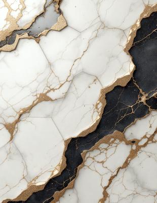 The primary subject of the image is a marble countertop with a gold and black pattern. The setting is a kitchen, and the visual style is a close-up of the countertop. The dominant colors are gold and black, creating a luxurious and elegant atmosphere.