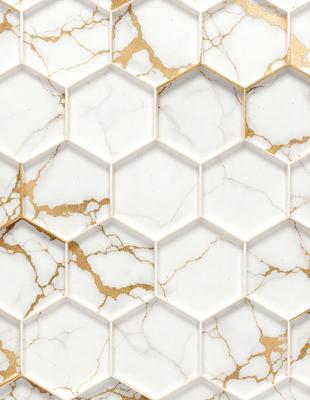 The primary subject of the image is a white marble tile with a gold pattern. The setting is a white tile wall, and the visual style is a close-up of the marble tile. The dominant colors are white and gold, creating a luxurious and elegant atmosphere.