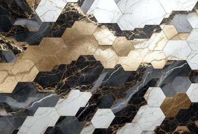 The primary subject of the image is a marble wall with a gold and black pattern. The setting is a room with a black and white marble floor. The visual style is a combination of digital art and illustration, creating a unique and intricate design. The dominant colors are gold, black, and white, giving the wall and floor a luxurious and elegant appearance.