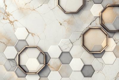 The primary subject of the image is a marble tile wall with a pattern of hexagonal shapes. The setting is a bathroom, and the visual style is a photo. The dominant colors are white and grey, creating a clean and elegant atmosphere.