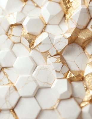 The primary subject of the image is a white and gold patterned wall. The setting is a room with a white background. The visual style is a combination of photo and digital art, creating a unique and intricate design. The dominant colors are white and gold, giving the wall a luxurious and elegant appearance.