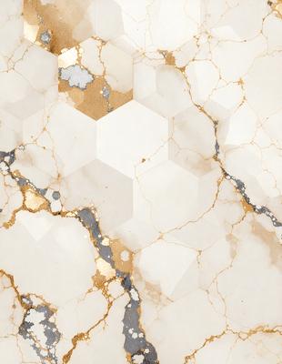 The primary subject of the image is a marble wall with a gold-colored pattern. The setting is a room with a marble floor, and the visual style is a combination of photo and digital art. The dominant colors are gold and white, creating a luxurious and elegant atmosphere.