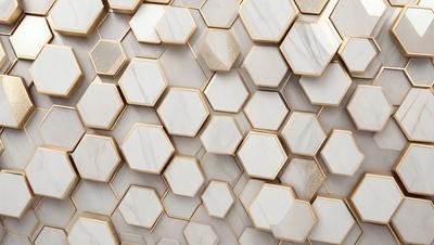 The primary subject of the image is a wall with a pattern of hexagonal shapes. The setting is a room with a white marble wall, and the visual style is a close-up of the wall. The dominant colors are white and gold, creating a clean and elegant atmosphere.