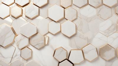 The primary subject of the image is a white marble wall with a pattern of hexagonal shapes. The setting is a room with a white marble floor, and the visual style is a close-up of the wall. The colors and mood of the image are predominantly white, giving it a clean and elegant appearance.