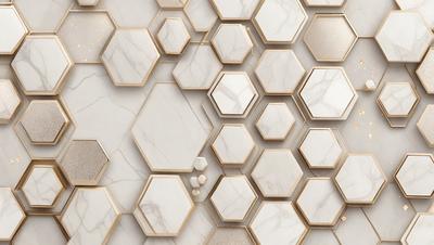 The primary subject of the image is a marble wall with a hexagonal pattern. The setting is a room with a white marble wall, and the visual style is a close-up of the marble wall. The colors and mood of the image are predominantly white, giving it a clean and elegant appearance.