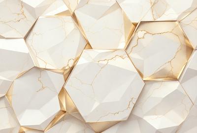 The primary subject of the image is a wall covered in a pattern of white and gold hexagons. The setting is a room with a white marble wall, and the visual style is a close-up of the wall pattern. The dominant colors are white and gold, creating a clean and elegant atmosphere.