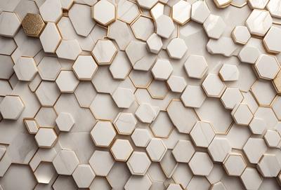 The primary subject of the image is a white marble wall with a pattern of hexagonal shapes. The setting is a room with a white marble wall, and the visual style is a close-up of the wall. The dominant colors are white and gold, creating a clean and elegant atmosphere.