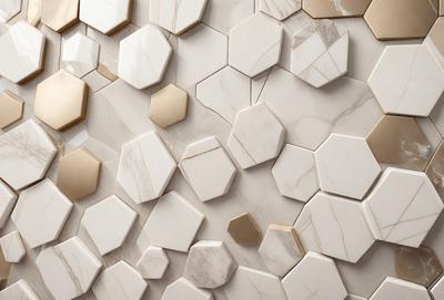 The primary subject of the image is a wall with a pattern of hexagonal shapes. The setting is a room with a white marble wall, and the visual style is a close-up of the wall. The dominant colors are white and gold, creating a clean and elegant atmosphere.