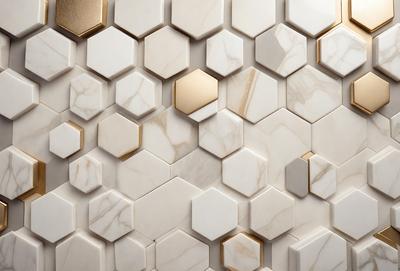 The primary subject of the image is a marble wall with a gold pattern. The setting is a room with a white tile wall. The visual style is a close-up of the marble wall, showcasing the intricate gold pattern. The colors and mood of the image are predominantly white and gold, giving it a luxurious and elegant appearance.