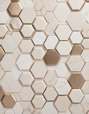 The primary subject of the image is a white marble tile wall with a hexagonal pattern. The setting is a bathroom, and the visual style is a photo. The dominant colors are white and beige, creating a clean and elegant atmosphere.