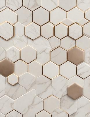 The primary subject of the image is a pattern of hexagonal tiles on a wall. The setting is a white marble wall, and the visual style is a close-up of the tiles. The colors and mood of the image are predominantly white, giving it a clean and minimalist appearance.