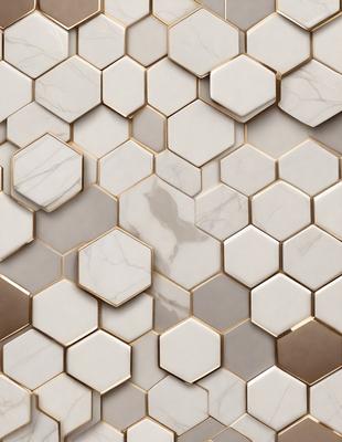 The primary subject of the image is a marble tile wall with a pattern of hexagonal shapes. The setting is a bathroom, and the visual style is a close-up of the tile wall. The dominant colors are white and gold, giving the wall a luxurious and elegant appearance.