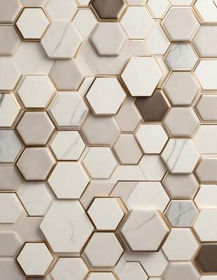The primary subject of the image is a white marble wall with a pattern of hexagonal shapes. The setting is a room with a white marble floor, and the visual style is a close-up of the wall. The colors and mood of the image are predominantly white, giving it a clean and elegant appearance.