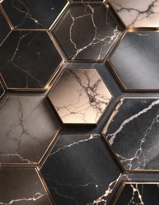 The primary subject of the image is a marble tile with a gold border. The setting is a black and white marble tile pattern, which gives the image a classic and elegant appearance. The visual style is a close-up of the marble tile, showcasing its intricate design and texture. The colors and mood of the image are predominantly black and white, with the gold border adding a touch of warmth and sophistication.