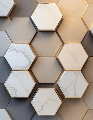 The primary subject of the image is a wall with a pattern of hexagonal tiles. The setting is a room with a grey and white color scheme. The visual style is a close-up of the wall, showcasing the intricate design of the tiles. The dominant colors are grey and white, creating a clean and modern atmosphere.