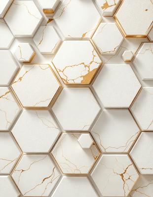 The primary subject of the image is a white marble wall with a gold pattern. The setting is a room with a white tile floor. The visual style is a close-up of the marble wall, showcasing the intricate gold pattern. The colors and mood of the image are predominantly white and gold, creating a luxurious and elegant atmosphere.
