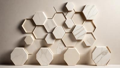 The primary subject of the image is a wall made of white marble tiles. The setting is a room with a white background, and the visual style is a photo. The dominant colors are white and gray, creating a clean and elegant atmosphere.