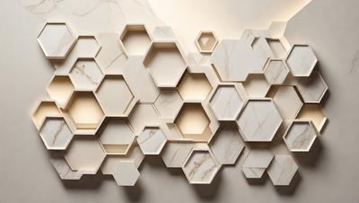 The primary subject of the image is a large, white, marble wall with a pattern of hexagons. The setting is a room with a white marble wall, and the visual style is a combination of a photo and digital art. The colors and mood of the image are predominantly white, giving it a clean and elegant appearance.
