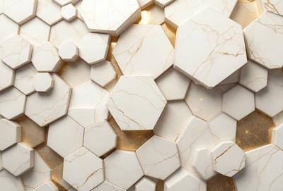 The primary subject of the image is a marble wall with a gold pattern. The setting is a room with a white marble wall, and the visual style is a photo. The dominant colors are white and gold, creating a luxurious and elegant atmosphere.