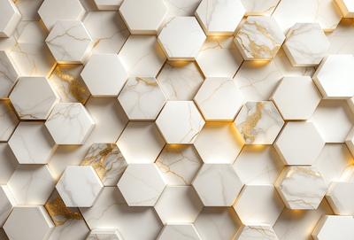The primary subject of the image is a marble wall with a pattern of hexagonal shapes. The setting is a room with a white marble wall, and the visual style is a close-up of the marble wall. The dominant colors are white and gold, giving the wall a luxurious and elegant appearance.