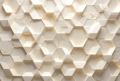 The primary subject of the image is a white marble wall with a pattern of hexagons. The setting is a room with a white marble wall as the main focus. The visual style is a close-up of the marble wall, showcasing its texture and pattern. The colors and mood of the image are predominantly white, giving it a clean and elegant appearance.