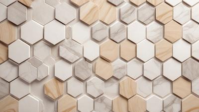 The primary subject of the image is a marble wall with a pattern of hexagonal tiles. The setting is a room with a white marble wall, and the visual style is a close-up of the marble wall. The colors and mood of the image are predominantly white and neutral, giving the space a clean and elegant appearance.