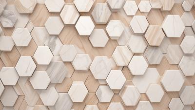 The primary subject of the image is a patterned wall made of hexagonal tiles. The setting is a room with a wooden surface, possibly a table or a wall. The visual style is a combination of digital art and illustration, creating a unique and intricate design. The dominant colors are white and grey, giving the wall a clean and modern appearance. The overall atmosphere is one of sophistication and elegance.