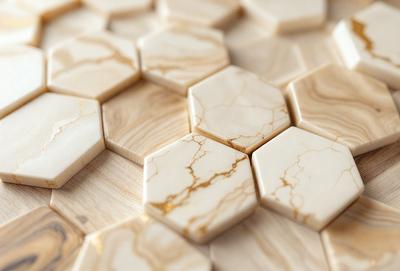 The primary subject of the image is a marble tile with a wood grain pattern. The setting is a wall with a marble tile pattern, and the visual style is a close-up of the tile. The colors and mood of the image are predominantly neutral, with the marble and wood grain patterns creating a sense of sophistication and elegance.