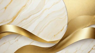 The primary subject of the image is a gold and white marble-like pattern. The setting is a white marble surface, and the visual style is a combination of digital art and illustration. The dominant colors are gold and white, creating a luxurious and elegant atmosphere.