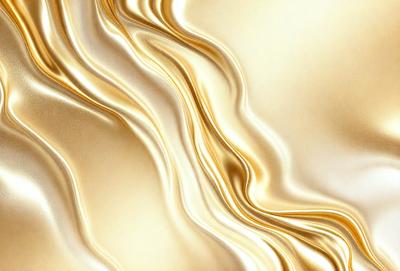 The primary subject of the image is a gold-colored wallpaper with a pattern of swirls and waves. The setting is a room with a gold-colored wall, and the visual style is a close-up of the wallpaper. The dominant colors are gold and various shades of gold, creating a warm and luxurious atmosphere.