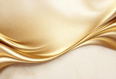 The primary subject of the image is a gold sheet or fabric, which is the main object, scene, or focus of the image. The setting or background features a marble surface, which adds to the overall atmosphere and visual style of the image. The colors in the image are predominantly gold, which gives the image a warm and luxurious mood.