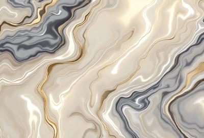 The primary subject of the image is a patterned wallpaper with a mix of gray, white, and gold colors. The setting is a room with a patterned wallpaper, and the visual style appears to be a combination of photo and digital art. The dominant colors and overall atmosphere of the image are a mix of gray, white, and gold, creating a visually appealing and elegant design.
