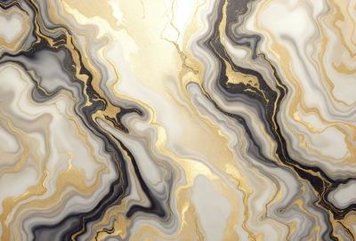 The primary subject of the image is a marble-like pattern with gold accents. The setting is a wall, and the visual style appears to be a combination of photo and digital art. The dominant colors are gold and black, creating a luxurious and elegant atmosphere.
