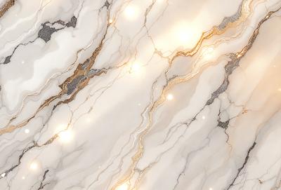 The primary subject of the image is a marble wall with a gold-colored pattern. The setting is a room with a white marble surface, and the visual style is a close-up of the marble wall. The colors and mood of the image are predominantly white and gold, creating a luxurious and elegant atmosphere.