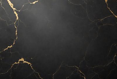 The primary subject of the image is a black marble countertop. The setting is a kitchen, with the countertop being the main focus of the scene. The visual style is a close-up of the marble countertop, showcasing its texture and details. The colors and mood of the image are dark and moody, with the black marble countertop being the dominant color.