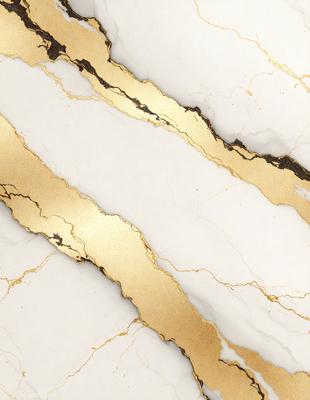 The primary subject of the image is a gold and white marble pattern. The setting is a white marble surface, and the visual style is a combination of photo and digital art. The dominant colors are gold and white, creating a luxurious and elegant atmosphere.
