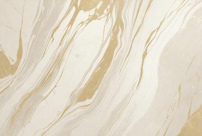 The primary subject of the image is a marble countertop with a gold and white pattern. The setting is a kitchen, and the visual style is a close-up of the countertop. The dominant colors are gold and white, creating a luxurious and elegant atmosphere.